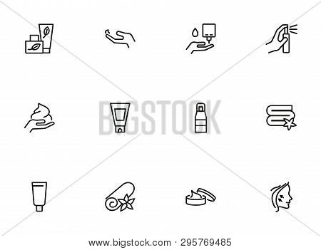 Well Being Line Icon Set. Face Lifting, Facial Cream, Folded Towel. Beautician Concept. Can Be Used 
