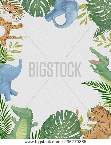 Cute Safari Watercolor Cartoon Animals Border With Cloud Shaped Copy Space For Kids Party Invitation
