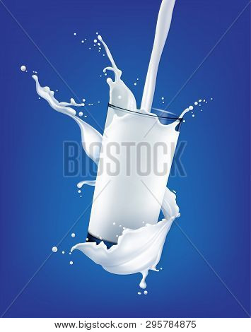 Vector Illustration Of Realistic White Splasing Milk Pouring Into Glass On Background