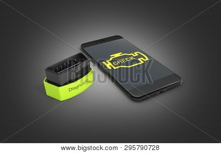 Car Diagnostic Concept Close Up Of Obd2 Wireless Scanner With Smartphone On Black Gradient Backgroun