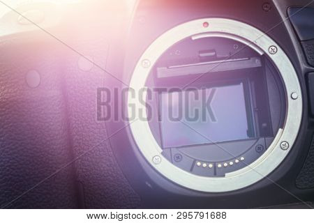 Camera Sensor: Close Up Picture Of A Professional Reflex Camera. Sunlight.