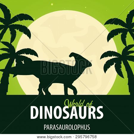 Banner World Of Dinosaurs. Prehistoric World. Parasaurolophus. Cretaceous Period.