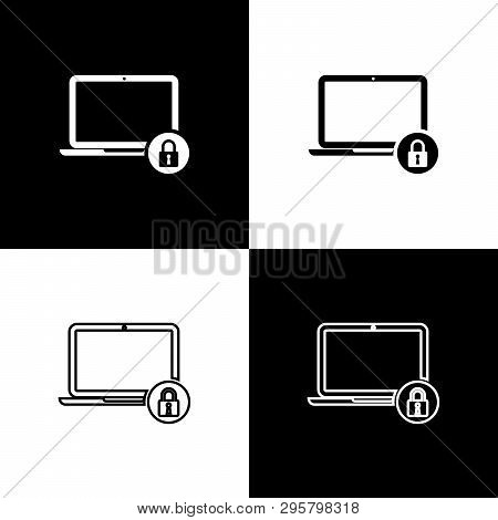 Set Laptop And Lock Icons Isolated On Black And White Background. Computer And Padlock. Security, Sa