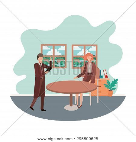 Couple Business In The Room With View The Landscape Vector Illustration Desing