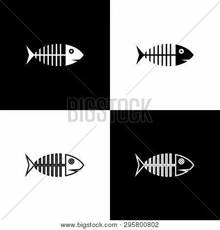 Set Fish Skeleton Icons Isolated On Black And White Background. Fish Bone Sign. Vector Illustration