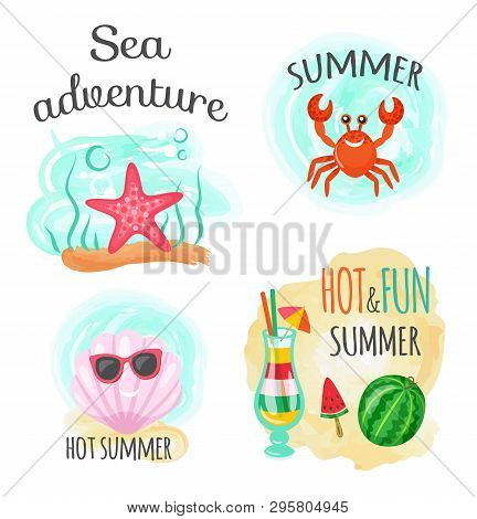 Underwater Animals, Sea Adventure And Hot Summer Vector. Seafish And Crab, Seashell In Sunglasses An