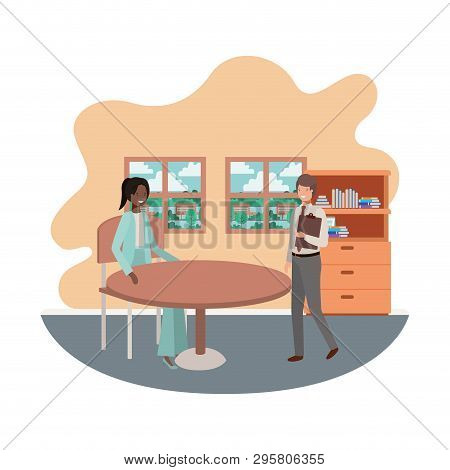 Couple Business In The Room With View The Landscape Vector Illustration Desing