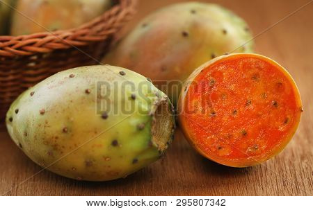 Closeup Of Sliced Prickly Pear In Textured Surface