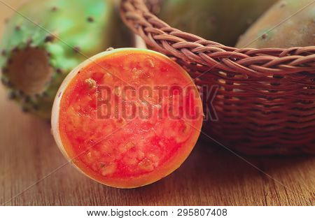 Closeup Of Sliced Prickly Pear In Textured Surface