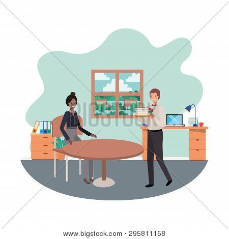 Couple Business In The Room With View The Landscape Vector Illustration Desing