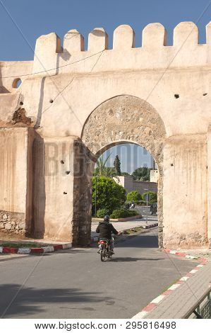 Morocco, Marrakech, Bab El Raha Bab Debagh Town Gate, Ancient Medina Walls, Park, Sunlit