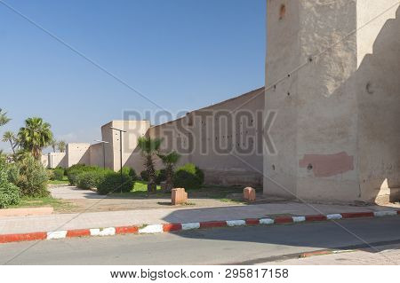 Morocco, Marrakech, Bab El Raha Bab Debagh Town Gate, Ancient Medina Walls, Park, Sunlit