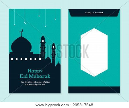 Simple Eid Al Fitr Mubarak Money Template Design With Mosque Silhouette Background. Front And Back S