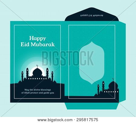 Eid Al Fitr Money Envelope For Islam Great Day Celebration Gift Template Design With Mosque Silhouet