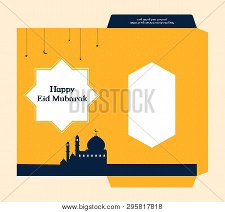 Eid Al Fitr Money Envelope For Islam Great Day Celebration Gift Template Design With Mosque Silhouet