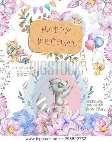 Cute Baby Roccoon With Tasty Cake Animal Isolated Illustration For Children. Bohemian Watercolor Boh