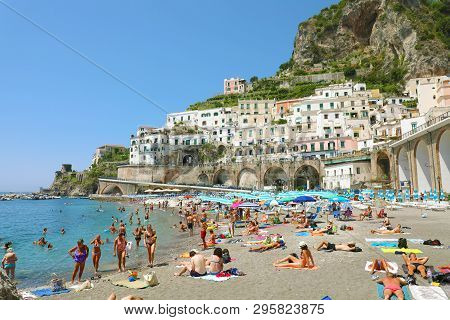 Atrani, Italy - July 2, 2018: People On The Beach At Atrani, Amalfi Coast, Italy