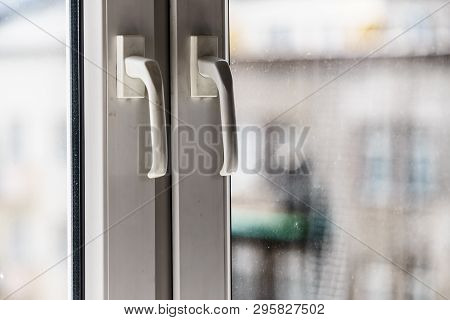 Detailed Close Up Of Dirty Window Frame Made Of Plastic And Hadle.