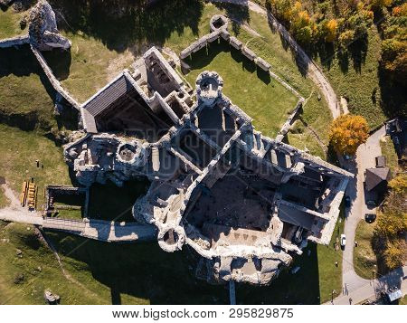 Aerial View Ruins Of Medieval Castle On The Rock In Ogrodzieniec, Poland. One Of Strongholds Called 