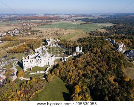 Aerial View Ruins Of Medieval Castle On The Rock In Ogrodzieniec, Poland. One Of Strongholds Called 