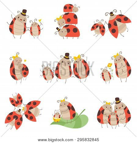 Cute Happy Ladybug Family Set, Cheerful Mother, Father And Their Babies, Adorable Cartoon Insects Ch