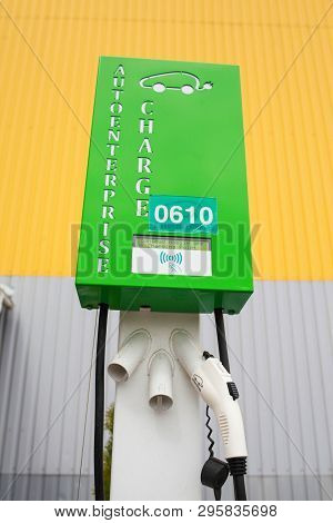 Kiev, Ukraine - April 17, 2019: Electric Vehicle Charger On Highway Parking Lot Future Of Personal T