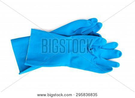 Blue Rubber Gloves For Cleaning On White Background, Workhouse Concept