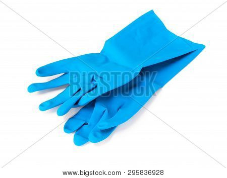 Blue Rubber Gloves For Cleaning On White Background, Workhouse Concept