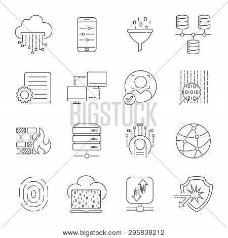 Computer Technology Related Line Icon Set. Data Transfer And Computer Options Linear Vector Icon Col