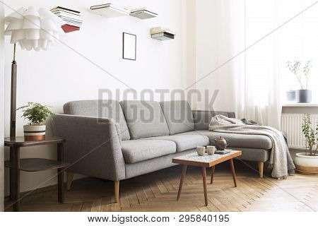 Stylish Scandinavian Interior Of Living Room With Small Design Table ,sofa, Lamp And Shelfs. White W