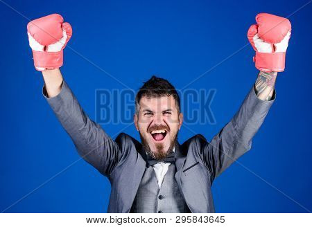 Businessman Wear Boxing Gloves. Best Criminal Defense Lawyer Strategies. Attack And Defense Concept.