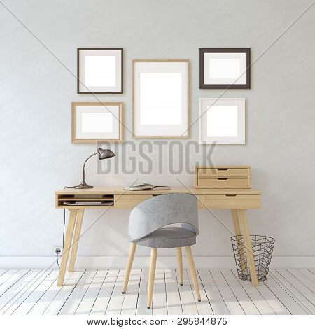 Interior Of Home Office In Scandinavic Style. Interior And Frame Mockup. Different Types Of Frames O