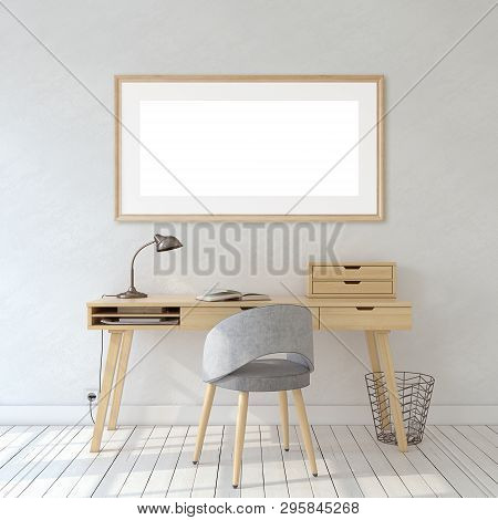 Interior Of Home Office In Scandinavic Style. Interior And Frame Mockup. Wooden Frame On The White W