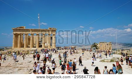 Athens, Greece- July 18, 2018: The Ancient Ruins Of Parthenon And Erechtheion At The Acropolis In At