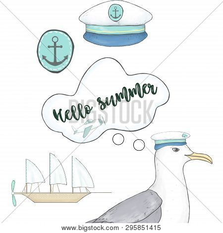 Sea Gull And Cap Captain For Card Hello Summer Text Data Celebration Sailor Set Similar Clip Art Bir