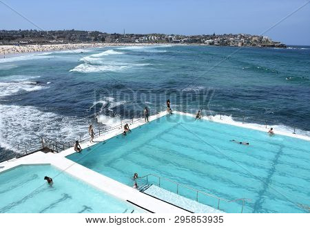 Sydney, Australia - Nov 4, 2018. People Relaxing At Bondi Iceberg Swimming Pool On A Hot Sunday In S