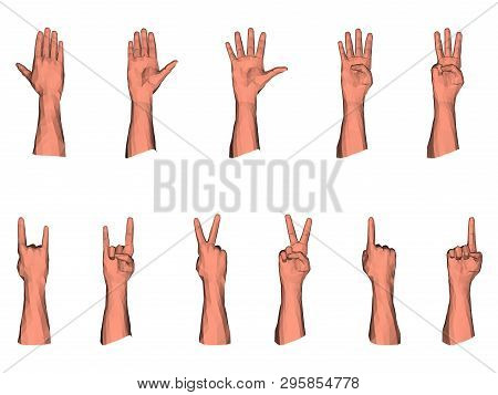 Numerical Gestures Of Male Low Poly Hand For One, Two, Three, Four And Five Polygonal Fingers