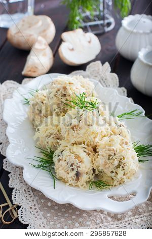 Salad With Mushrooms In The Form Of Balls In Cheese, Rafaello, Selective Focus