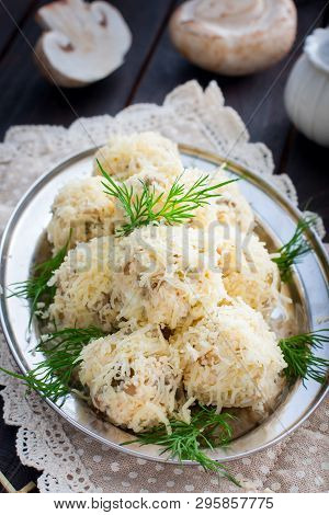 Salad With Mushrooms In The Form Of Balls In Cheese, Rafaello, Selective Focus