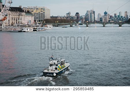 London, Uk - April 13, 2019: Metropolitan Police Marine Policing Unit (mpu) On The River Thames, Lon