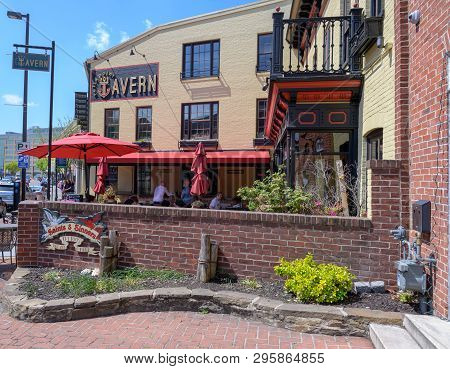 Fells Point, Baltimore, Md, Usa -- April 13, 2019. Wide-angle Shot Of The Exterior Of Fells Point Ta