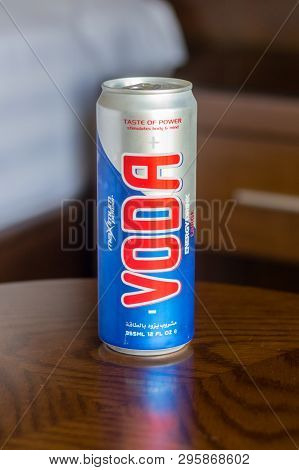 Aqaba, Jordan - February 8, 2019: Can Of Voda Energy Drink.