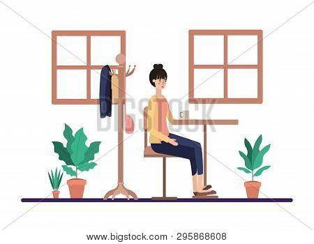 Woman Drinking Coffee In The Dining Room Vector Illustration Design