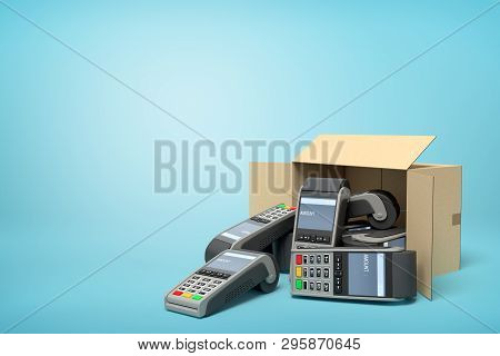 3d Rendering Of Cardboard Box Lying Sidelong With Several Point-of-sale Terminals Inside And Outside