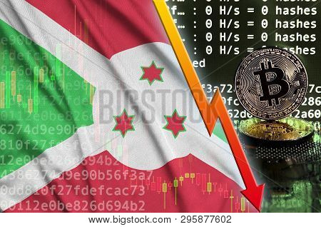 Burundi Flag And Falling Red Arrow On Bitcoin Mining Screen And Two Physical Golden Bitcoins