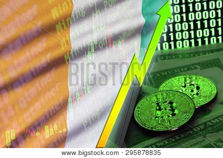 Ivory Coast Flag And Cryptocurrency Growing Trend With Two Bitcoins On Dollar Bills And Binary Code 