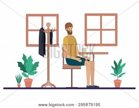Man Drinking Coffee In The Dining Room Vector Illustration Design