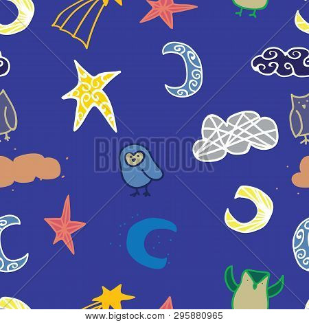 Owl Cloud Star Seamless Repeat Pattern Design. Perfect For Surface Or Textile Design. Ideal For Chil