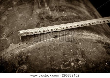 Damage Measurement. Fuel Line. Defect - A Crack In The Pipeline Pipe. Photographed In Ukraine. Kiev 