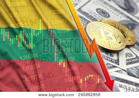 Lithuania Flag And Cryptocurrency Falling Trend With Two Bitcoins On Dollar Bills